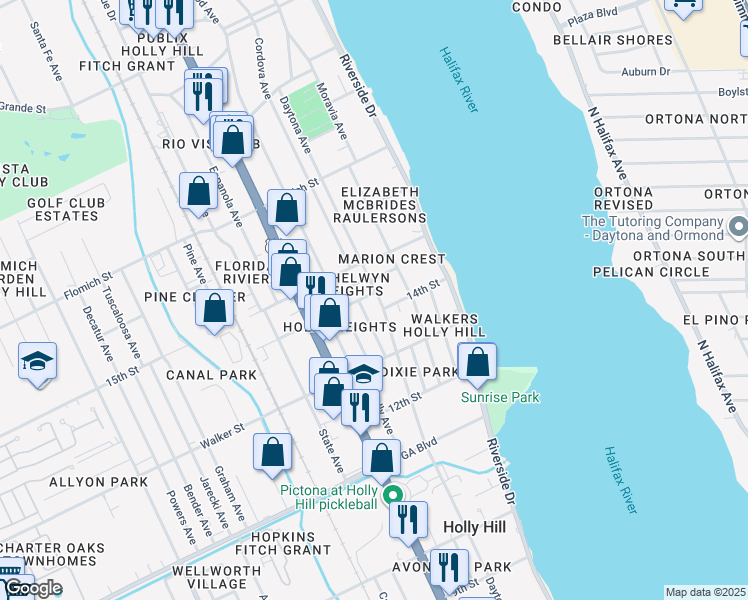 map of restaurants, bars, coffee shops, grocery stores, and more near 1347 Hiawatha Avenue in Daytona Beach