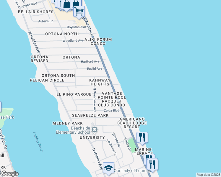map of restaurants, bars, coffee shops, grocery stores, and more near 452 Nautilus Avenue in Daytona Beach