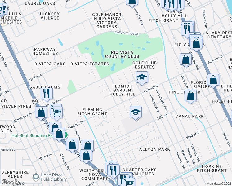 map of restaurants, bars, coffee shops, grocery stores, and more near 1606 Selma Avenue in Holly Hill