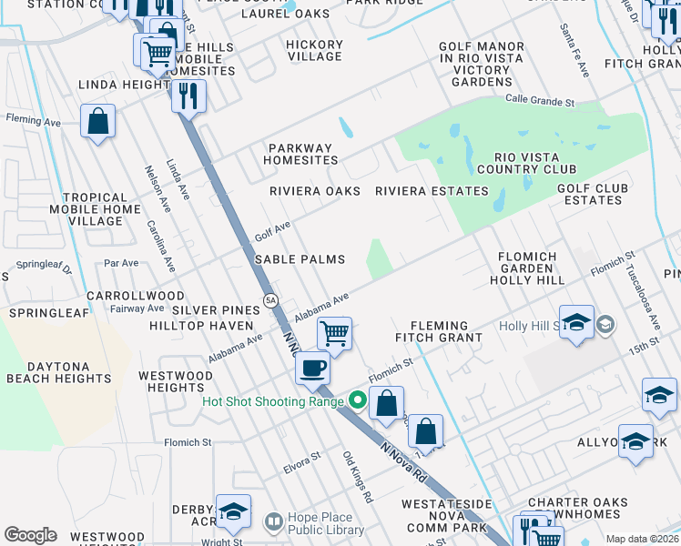 map of restaurants, bars, coffee shops, grocery stores, and more near 1719 Evergreen Street in Ormond Beach