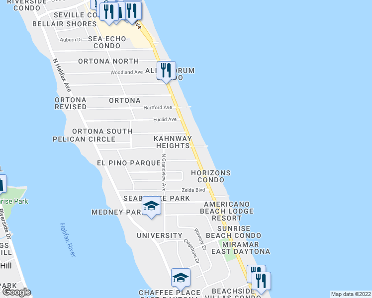 map of restaurants, bars, coffee shops, grocery stores, and more near 448 Seaview Avenue in Daytona Beach