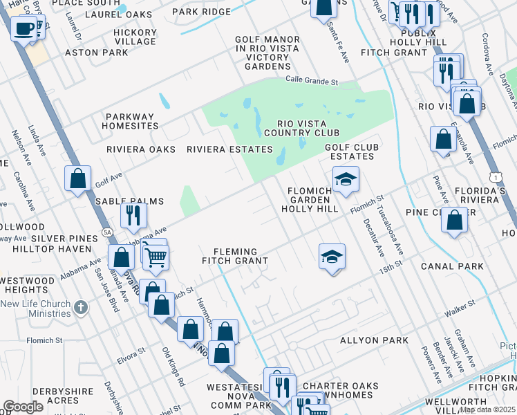 map of restaurants, bars, coffee shops, grocery stores, and more near 912 New Castle Court in Daytona Beach