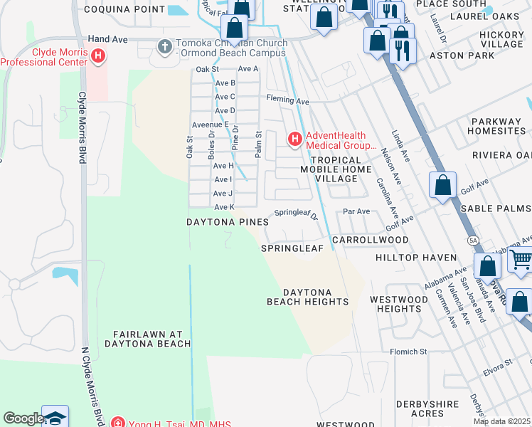 map of restaurants, bars, coffee shops, grocery stores, and more near 1489 Springleaf Drive in Ormond Beach