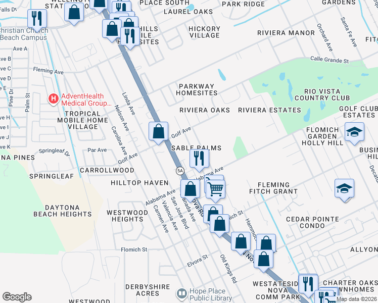 map of restaurants, bars, coffee shops, grocery stores, and more near 1725 Palm Road in Ormond Beach