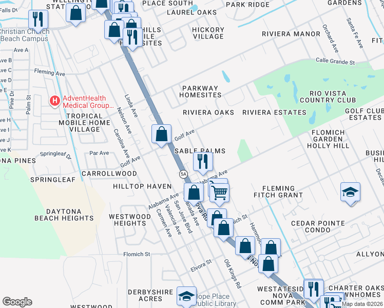 map of restaurants, bars, coffee shops, grocery stores, and more near 1725 Palm Road in Ormond Beach