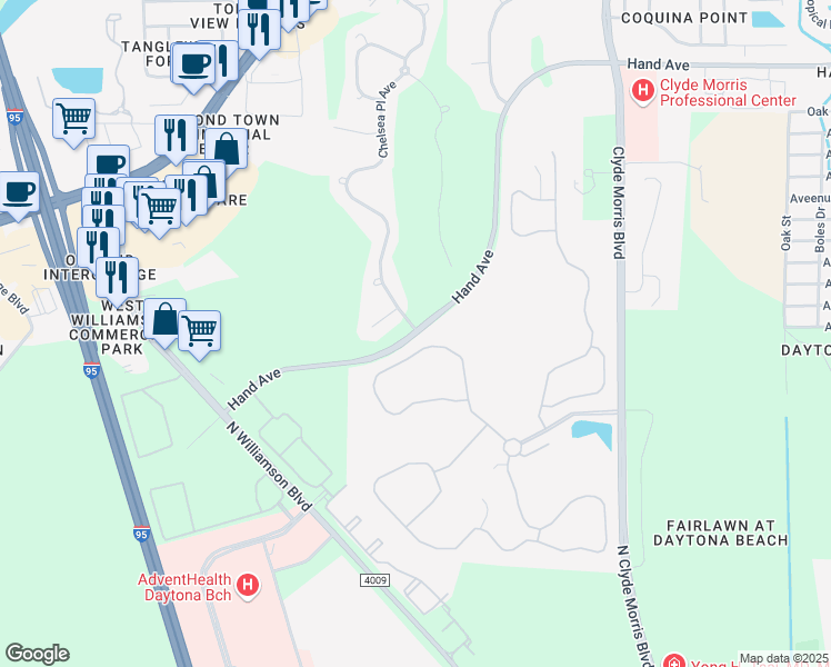 map of restaurants, bars, coffee shops, grocery stores, and more near 1406 Hand Avenue in Ormond Beach