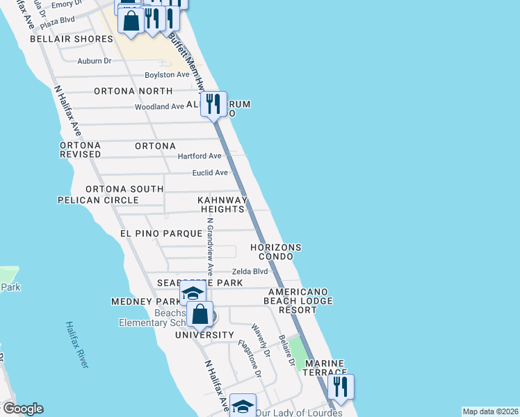 map of restaurants, bars, coffee shops, grocery stores, and more near 1614 North Atlantic Avenue in Daytona Beach