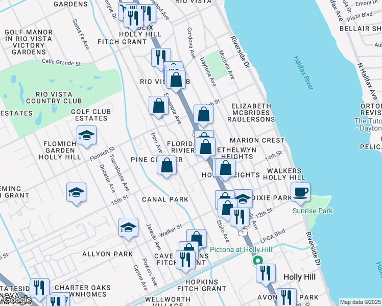 map of restaurants, bars, coffee shops, grocery stores, and more near 1516D Espanola Avenue in Holly Hill