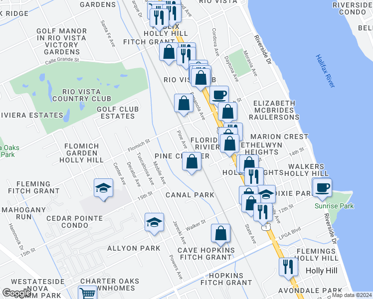 map of restaurants, bars, coffee shops, grocery stores, and more near 401 Elanore Street in Holly Hill