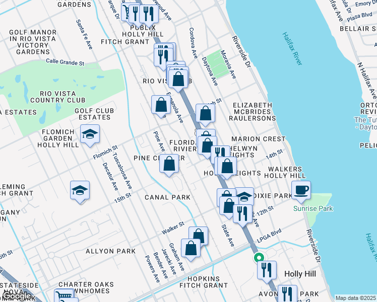 map of restaurants, bars, coffee shops, grocery stores, and more near 1516D Espanola Avenue in Holly Hill