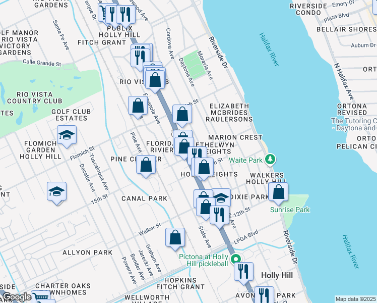 map of restaurants, bars, coffee shops, grocery stores, and more near 1501 Ridgewood Avenue in Daytona Beach