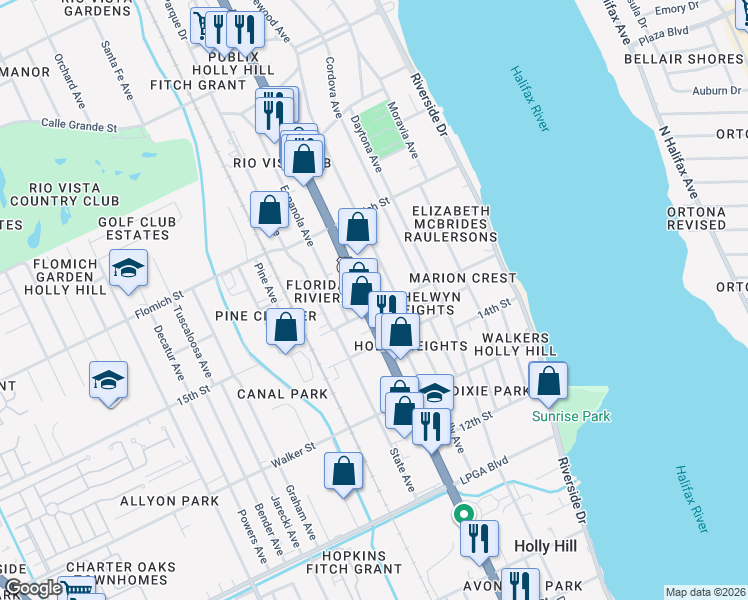 map of restaurants, bars, coffee shops, grocery stores, and more near 105 Ridgewood Avenue in Holly Hill