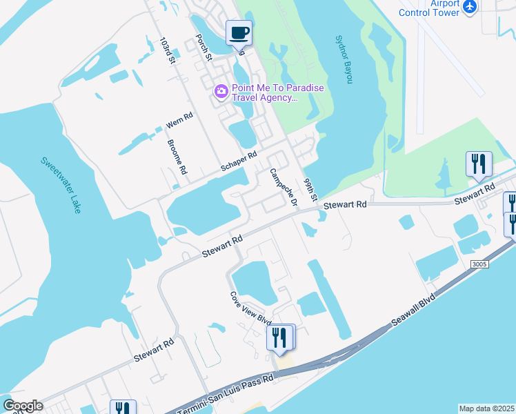 map of restaurants, bars, coffee shops, grocery stores, and more near 21 Tradewinds Drive in Galveston