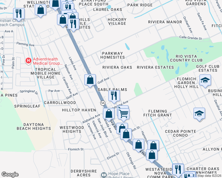 map of restaurants, bars, coffee shops, grocery stores, and more near 1725 Palm Rd in Ormond Beach