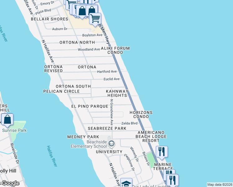 map of restaurants, bars, coffee shops, grocery stores, and more near 415 Seaview Avenue in Daytona Beach