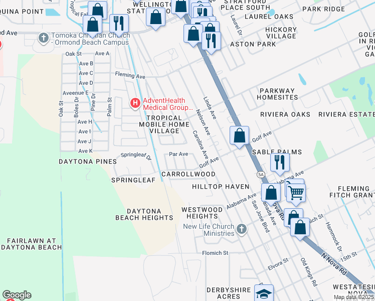 map of restaurants, bars, coffee shops, grocery stores, and more near 1312 Par Ave in Ormond Beach