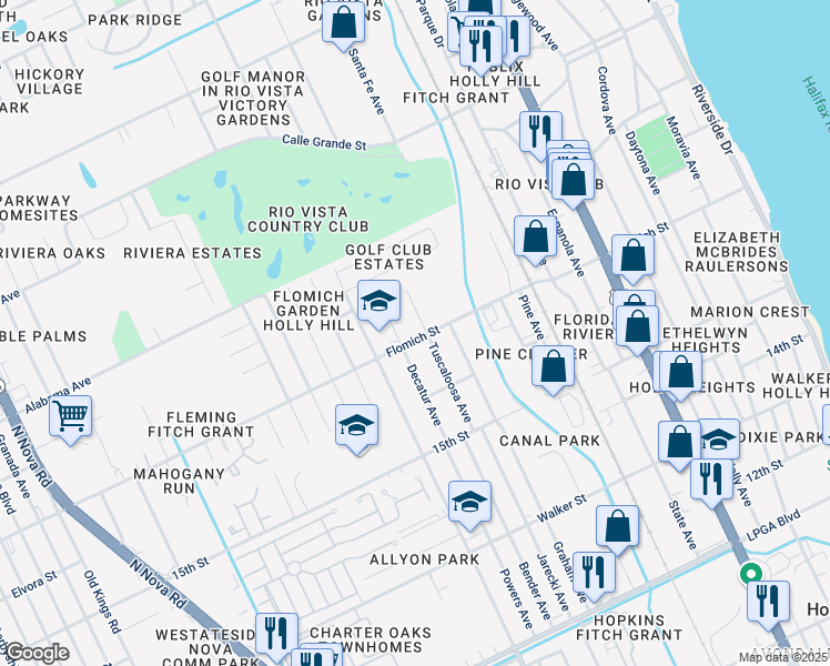 map of restaurants, bars, coffee shops, grocery stores, and more near 528 Flomich Street in Holly Hill