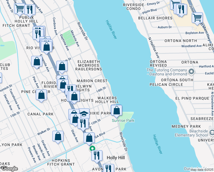 map of restaurants, bars, coffee shops, grocery stores, and more near 1402 Riverside Drive in Daytona Beach