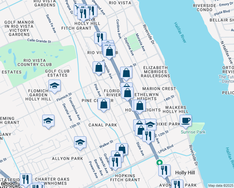map of restaurants, bars, coffee shops, grocery stores, and more near 1516D Espanola Avenue in Holly Hill