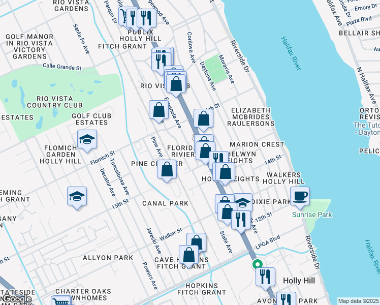 map of restaurants, bars, coffee shops, grocery stores, and more near 1516D Espanola Avenue in Holly Hill