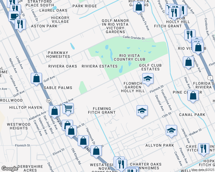 map of restaurants, bars, coffee shops, grocery stores, and more near 912 New Castle Court in Daytona Beach