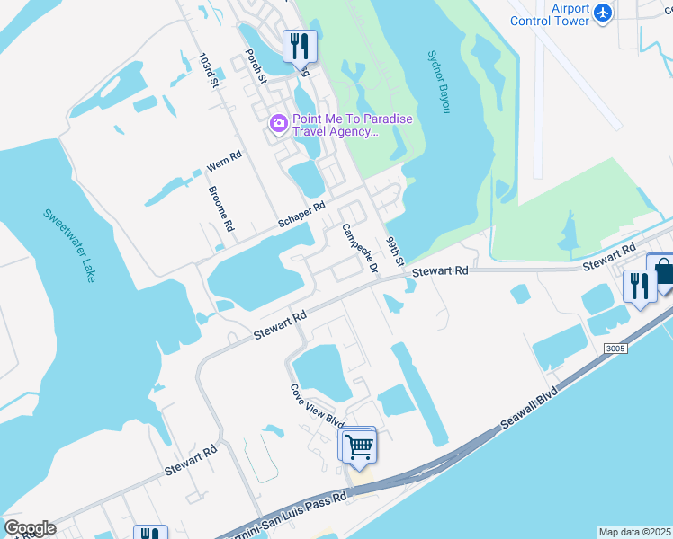map of restaurants, bars, coffee shops, grocery stores, and more near 21 Tradewinds Dr in Galveston
