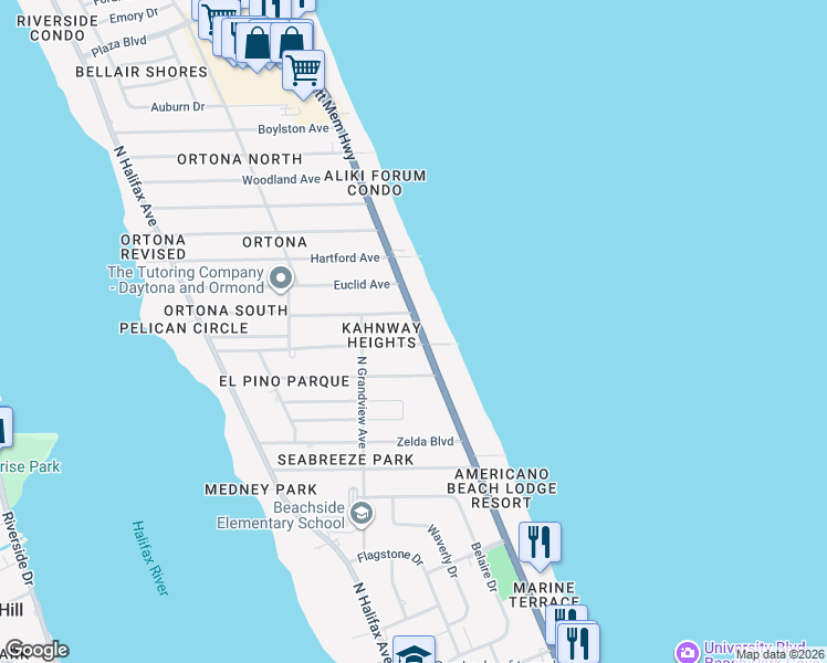 map of restaurants, bars, coffee shops, grocery stores, and more near 1611 North Atlantic Avenue in Daytona Beach