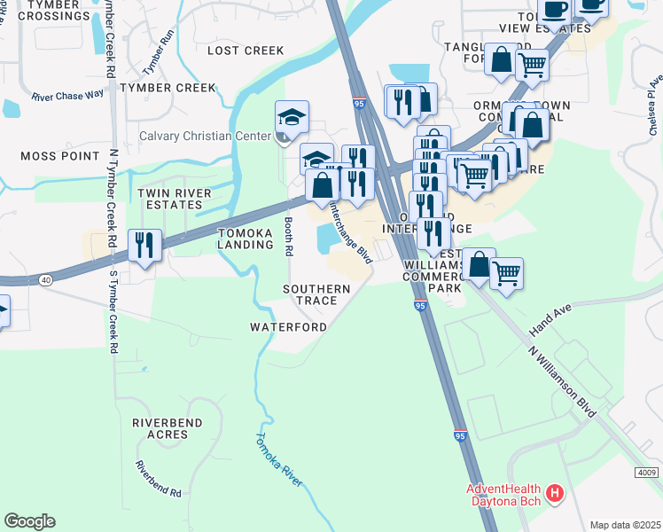 map of restaurants, bars, coffee shops, grocery stores, and more near 240 Interchange Boulevard in Ormond Beach