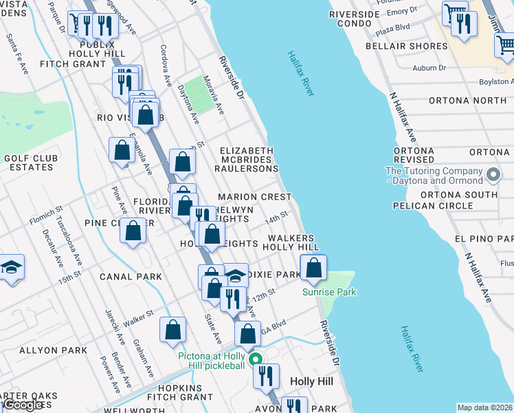 map of restaurants, bars, coffee shops, grocery stores, and more near 1432 Moravia Avenue in Daytona Beach