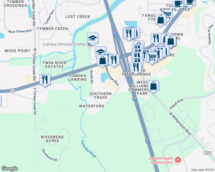 map of restaurants, bars, coffee shops, grocery stores, and more near 240 Interchange Boulevard in Ormond Beach
