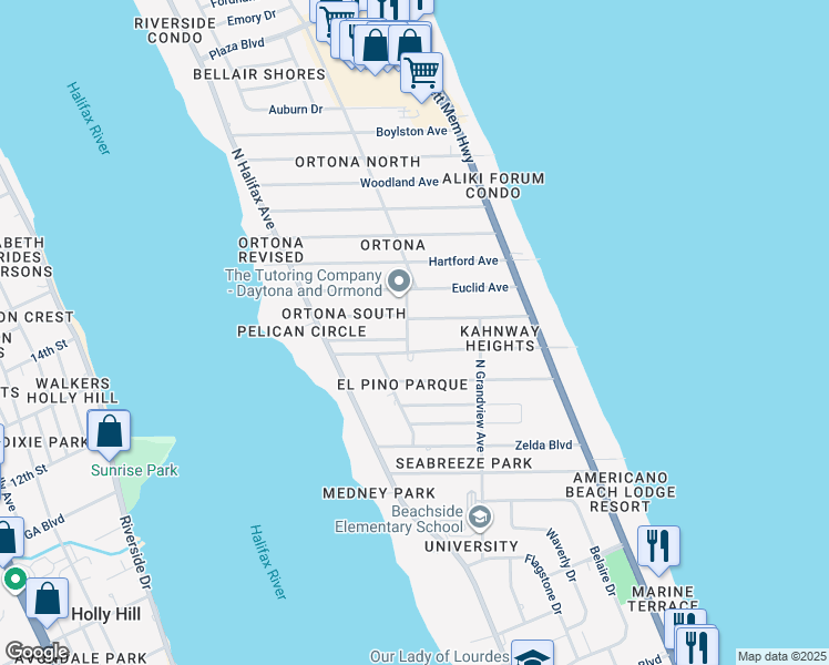 map of restaurants, bars, coffee shops, grocery stores, and more near 1608 North Oleander Avenue in Daytona Beach