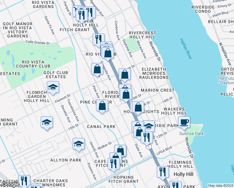map of restaurants, bars, coffee shops, grocery stores, and more near 1516D Espanola Avenue in Holly Hill