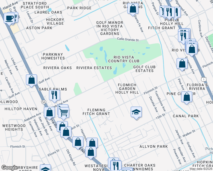 map of restaurants, bars, coffee shops, grocery stores, and more near 912 New Castle Court in Daytona Beach