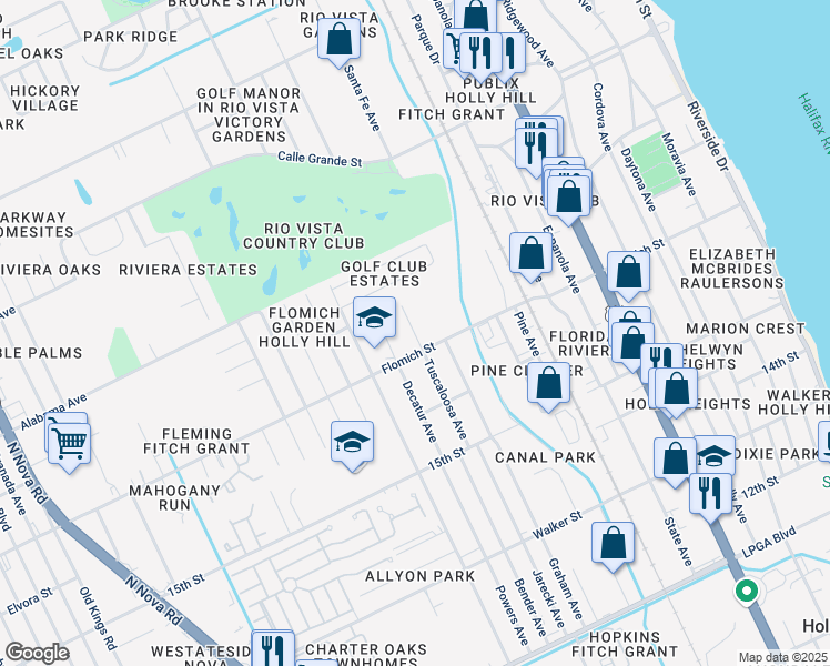 map of restaurants, bars, coffee shops, grocery stores, and more near 528 Flomich Street in Holly Hill