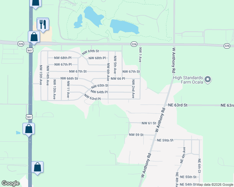 map of restaurants, bars, coffee shops, grocery stores, and more near 405 Northwest 63rd Place in Ocala