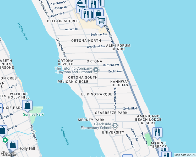 map of restaurants, bars, coffee shops, grocery stores, and more near 301 Pelican Avenue in Daytona Beach