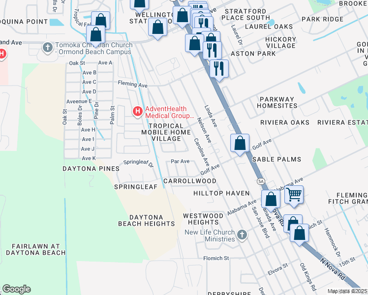 map of restaurants, bars, coffee shops, grocery stores, and more near 1312 Par Avenue in Ormond Beach