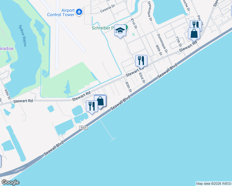 map of restaurants, bars, coffee shops, grocery stores, and more near 3526 Princeton Street in Galveston