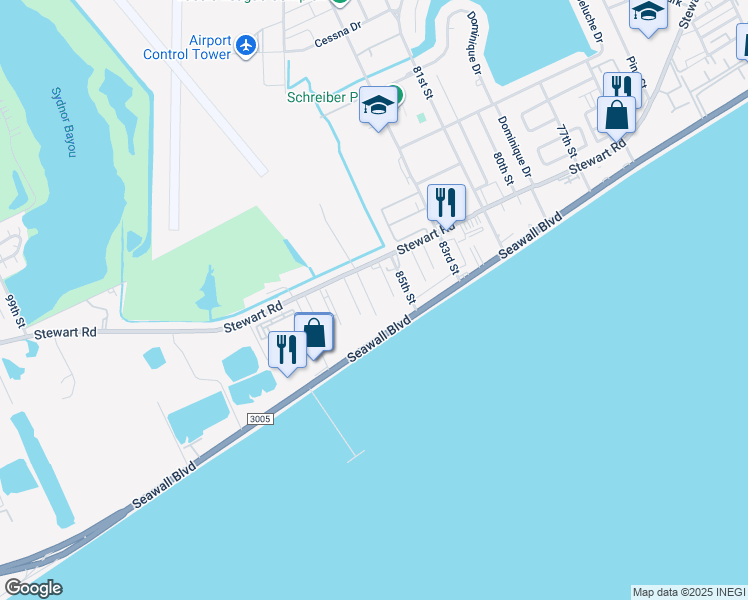 map of restaurants, bars, coffee shops, grocery stores, and more near 3602 Princeton Street in Galveston
