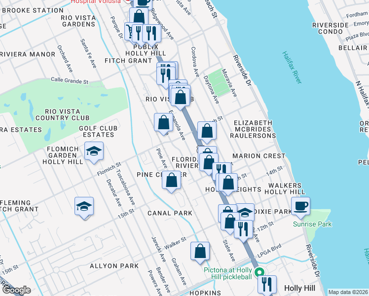 map of restaurants, bars, coffee shops, grocery stores, and more near 1541 State Avenue in Daytona Beach