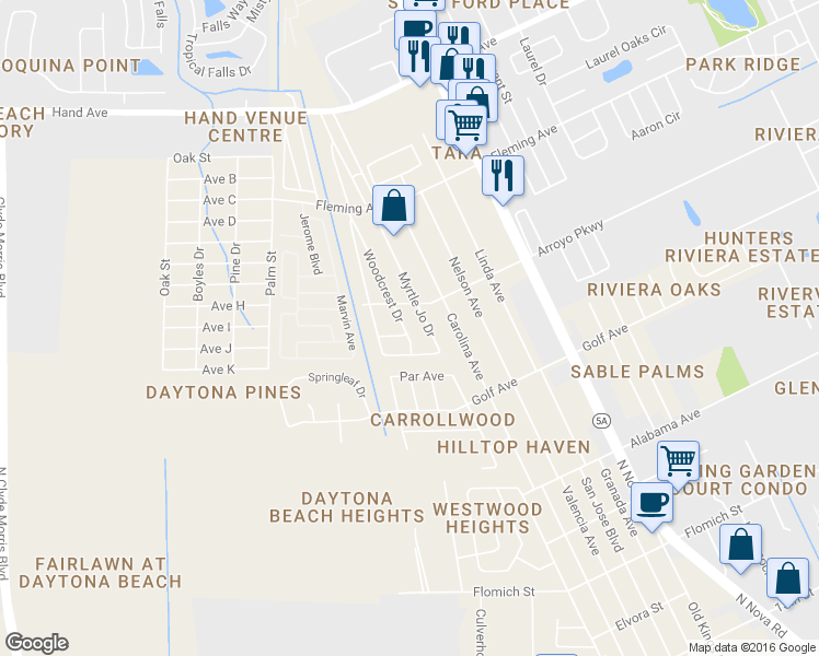 map of restaurants, bars, coffee shops, grocery stores, and more near 1809 Woodcrest Drive in Ormond Beach