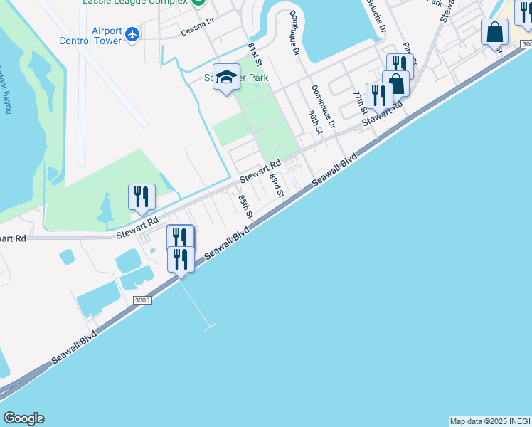 map of restaurants, bars, coffee shops, grocery stores, and more near 8402 Seawall Boulevard in Galveston