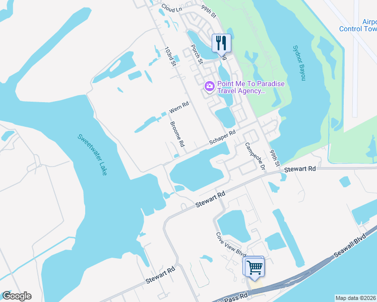 map of restaurants, bars, coffee shops, grocery stores, and more near 10425 Schaper Road in Galveston