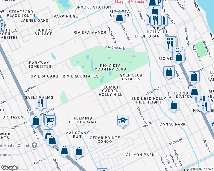 map of restaurants, bars, coffee shops, grocery stores, and more near 1730 Birmingham Avenue in Daytona Beach