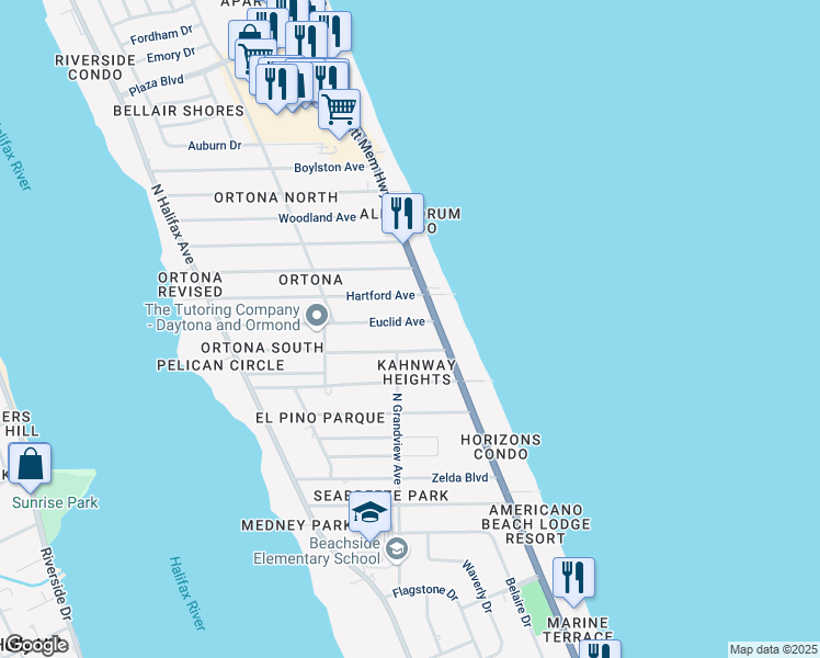 map of restaurants, bars, coffee shops, grocery stores, and more near 380 Euclid Avenue in Daytona Beach