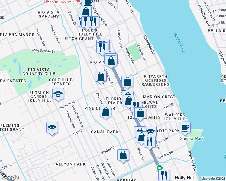 map of restaurants, bars, coffee shops, grocery stores, and more near 1541 State Avenue in Daytona Beach