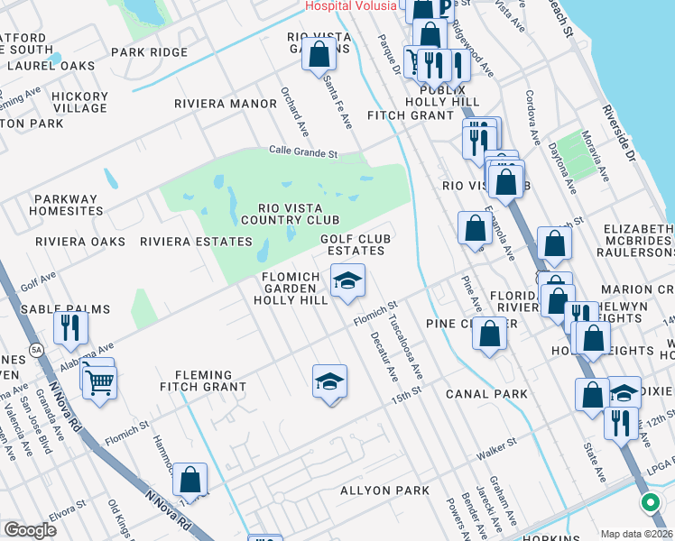 map of restaurants, bars, coffee shops, grocery stores, and more near 541 Peacock Road in Daytona Beach