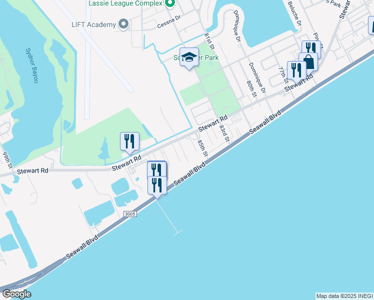 map of restaurants, bars, coffee shops, grocery stores, and more near 3526 Princeton St in Galveston