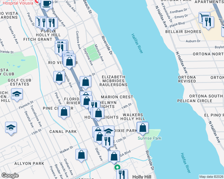 map of restaurants, bars, coffee shops, grocery stores, and more near 1520 Moravia Avenue in Daytona Beach