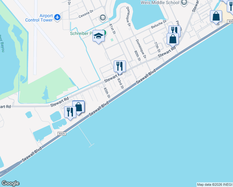 map of restaurants, bars, coffee shops, grocery stores, and more near 8402 Seawall Boulevard in Galveston